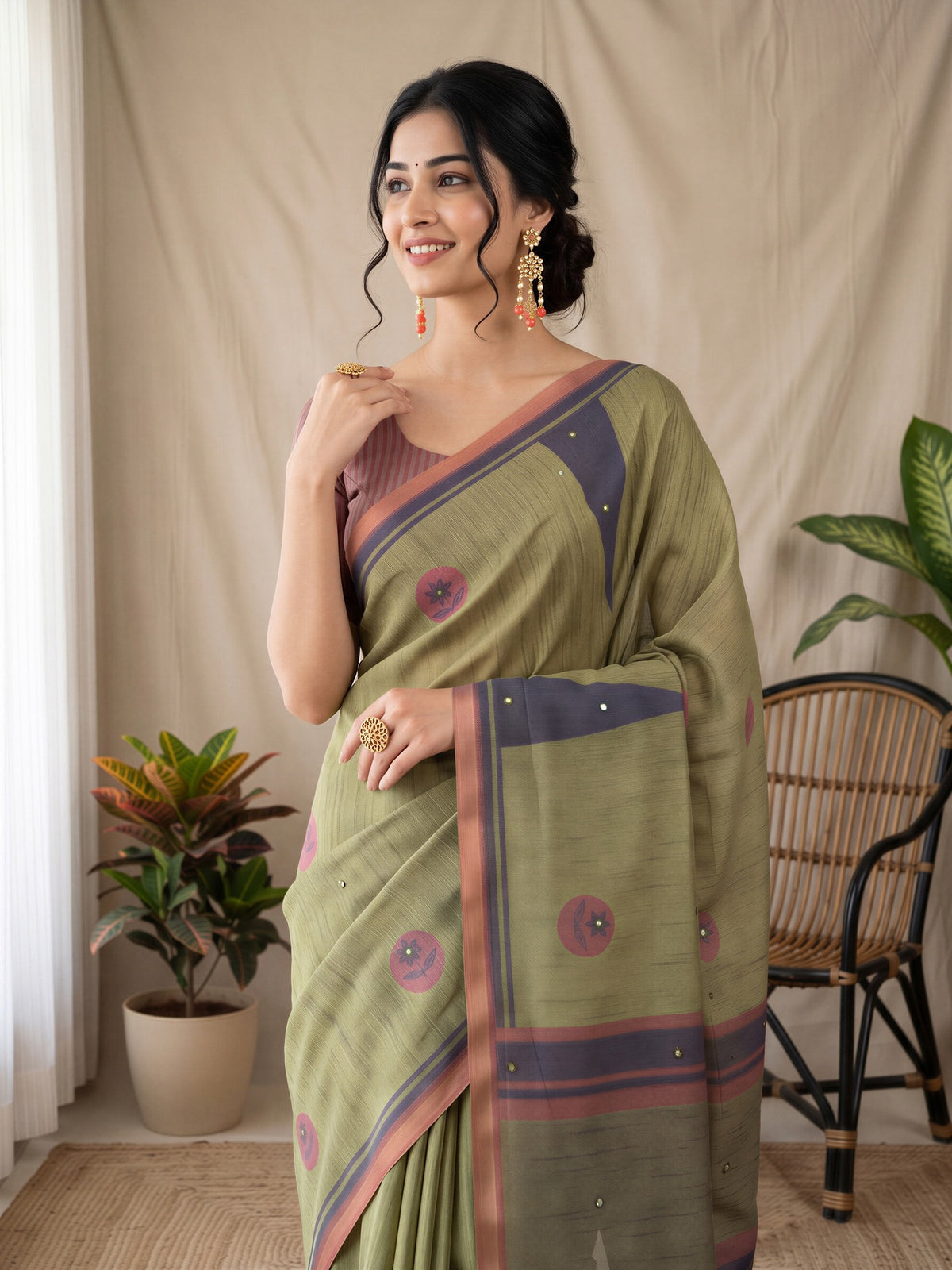 Olive Linen Blend saree – detail view 4