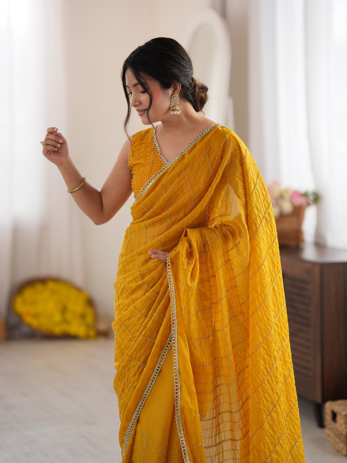 Mustard Georgette saree – detail view 4