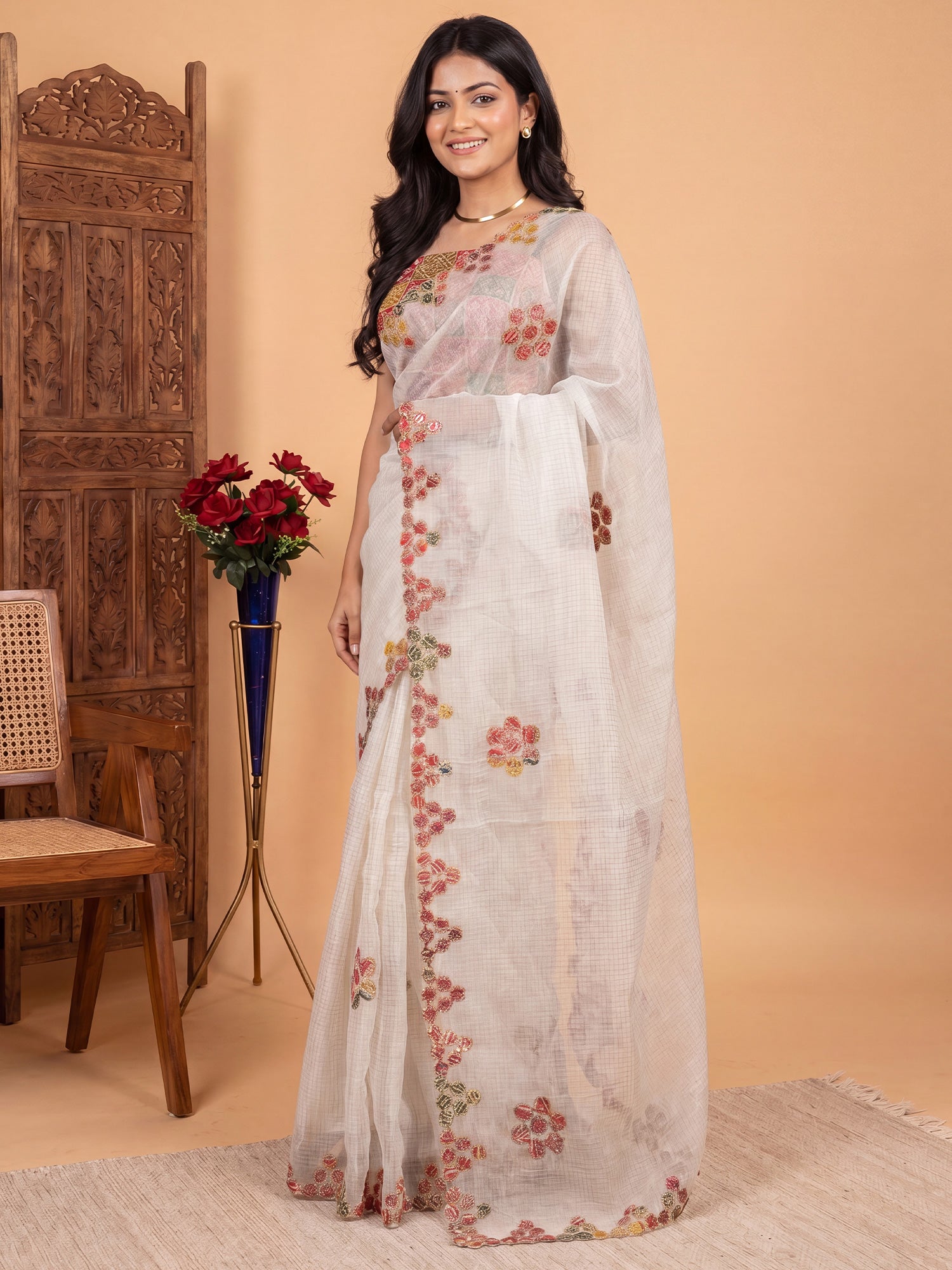 White Kota Doria Cotton saree – detail view 2
