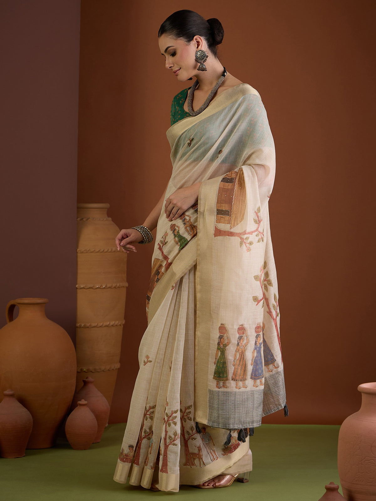 Beige linen blend saree view 3