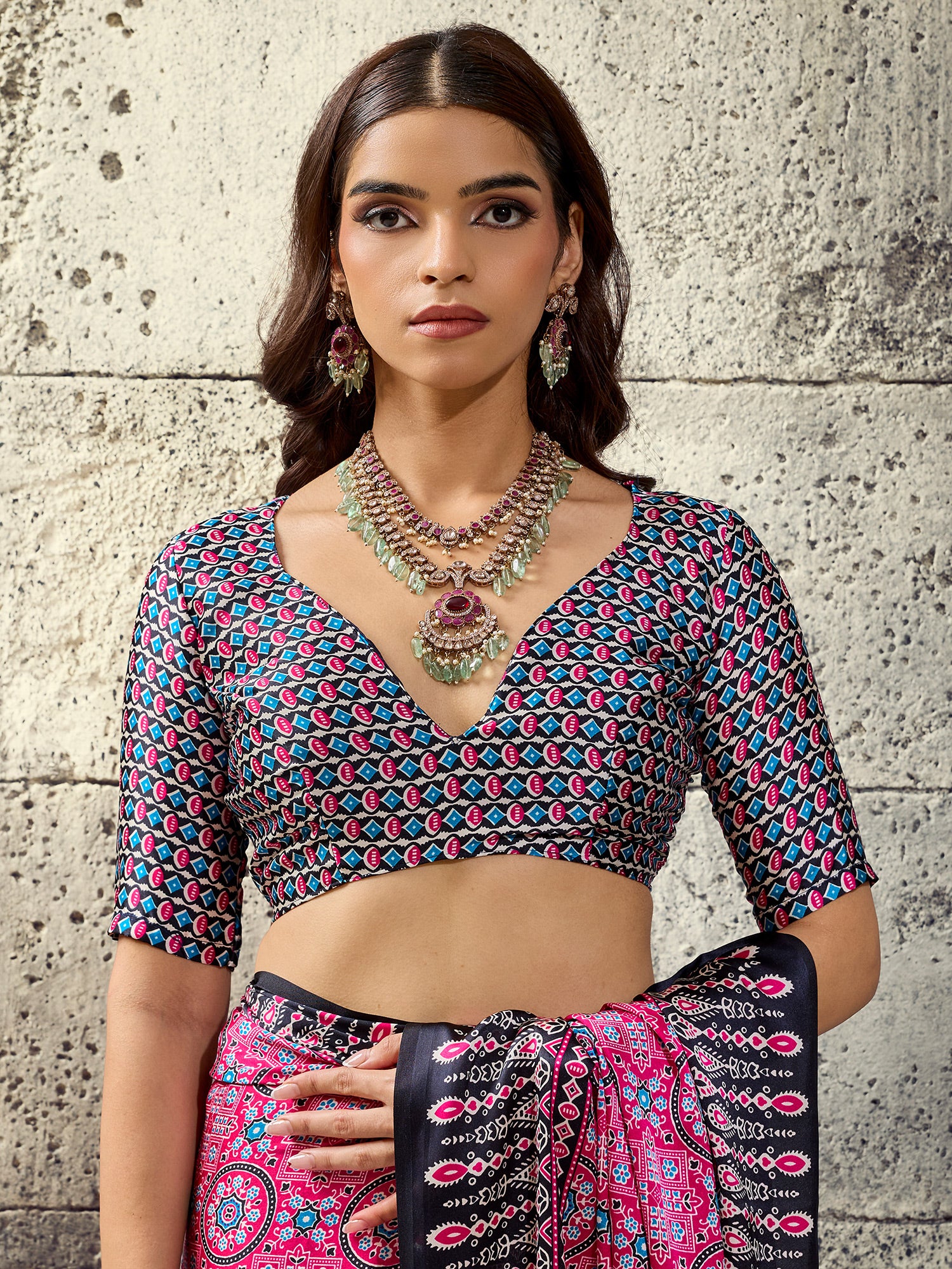 Unstitched black satin blouse piece with ajrak design