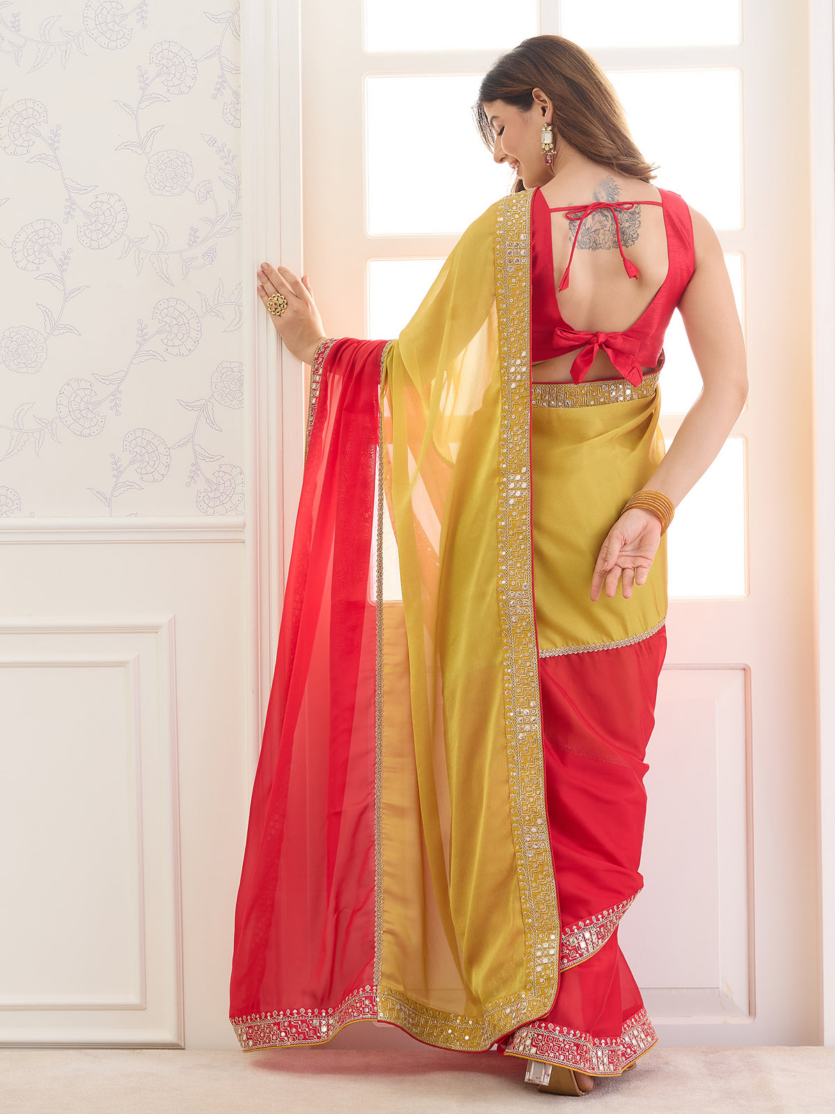 Red Pure Georgette saree – detail view 1