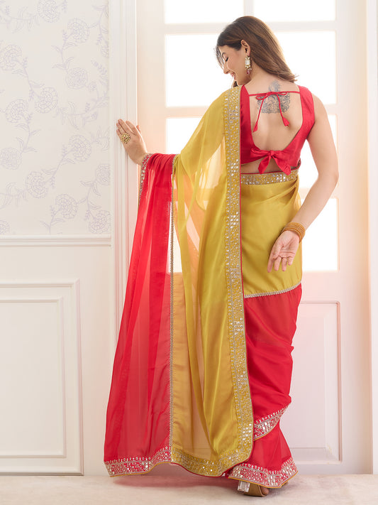 Red Pure Georgette saree – detail view 1