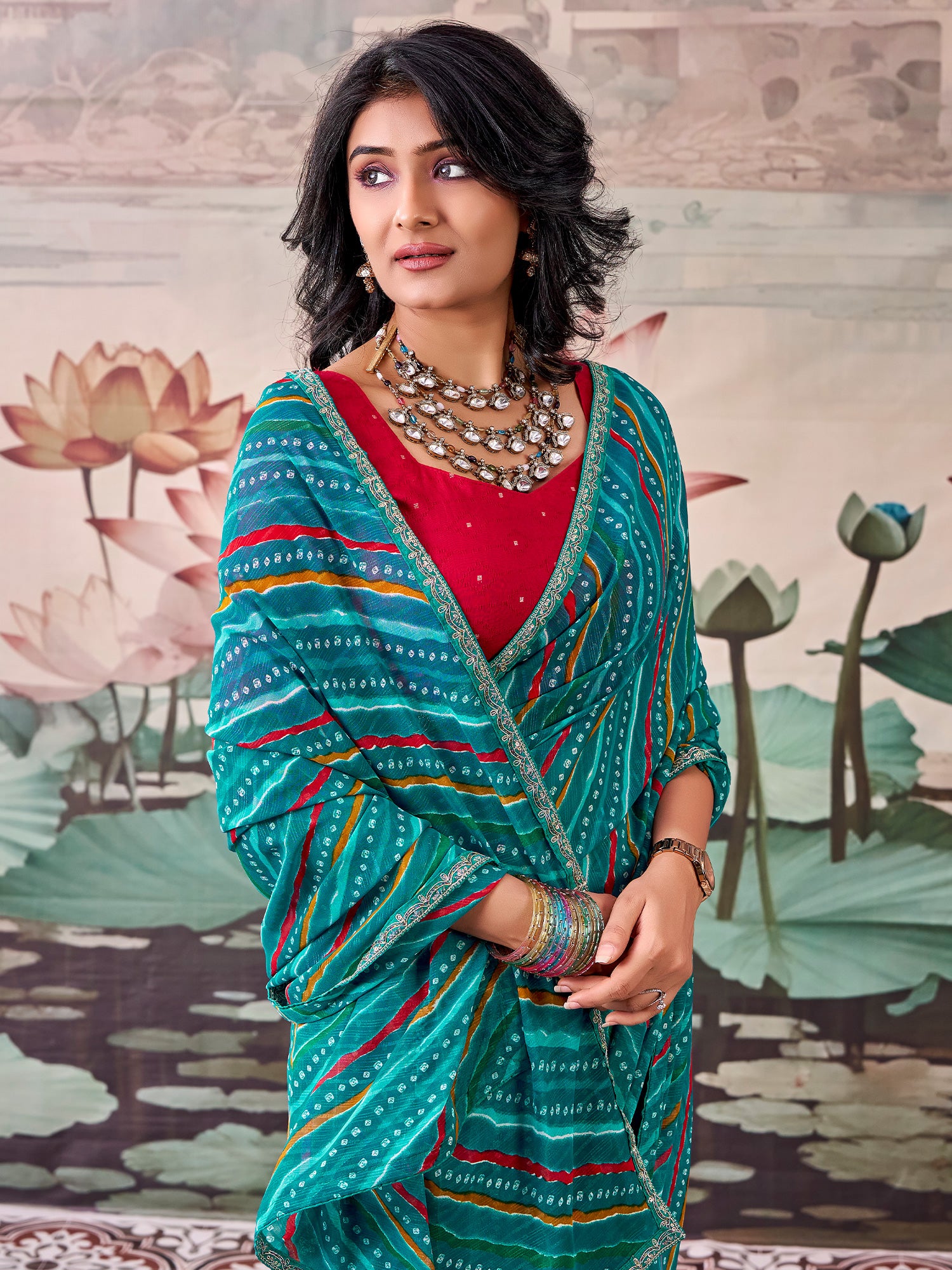 Teal Green Georgette saree – detail view 2