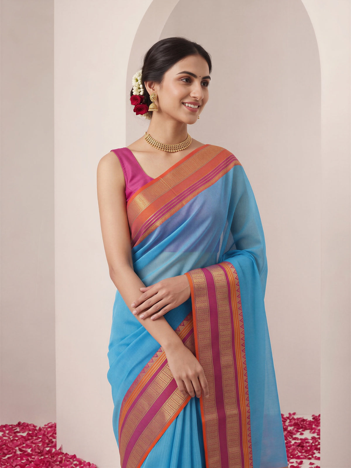 Light Blue kota doria cotton saree view 4