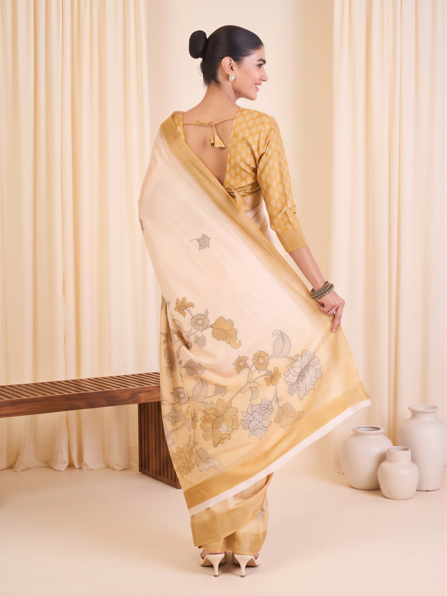White Satin Silk saree – detail view 1