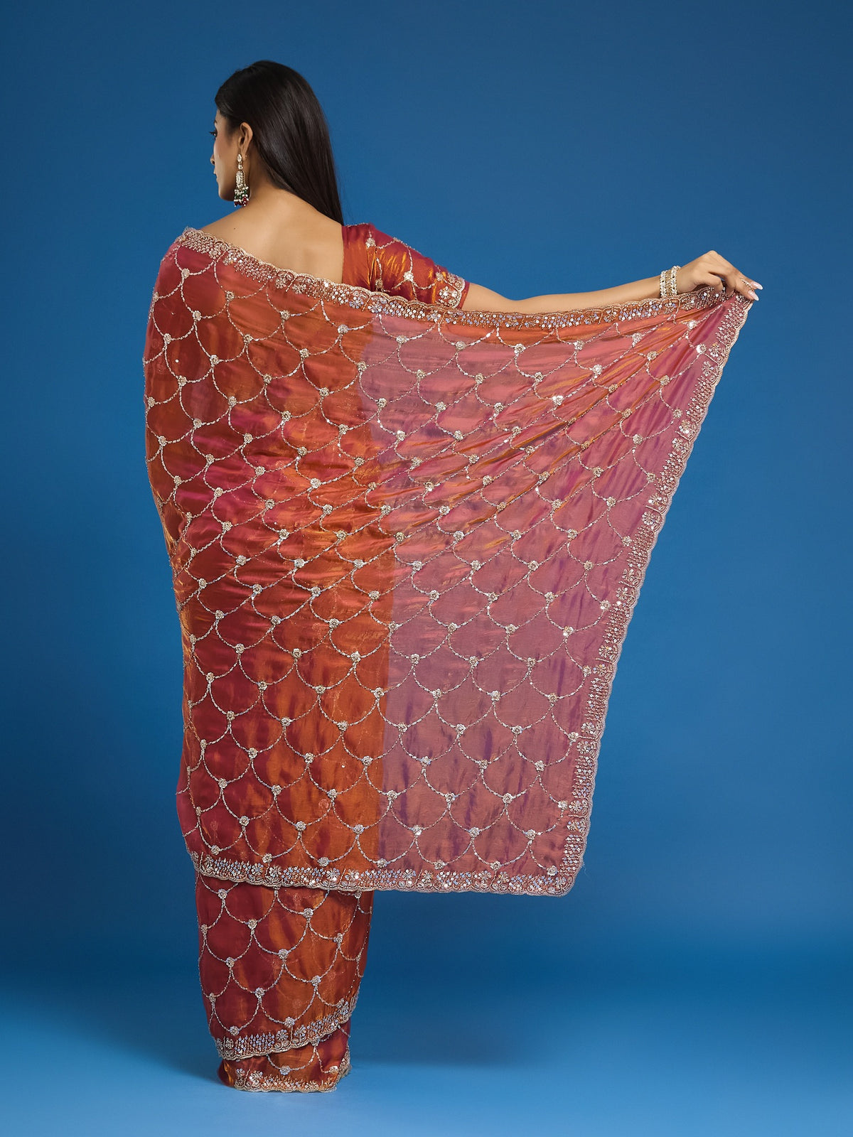 Orange Satin saree – detail view 4