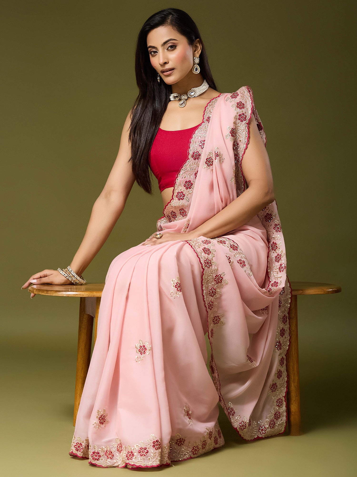 Pink Georgette saree – detail view 3