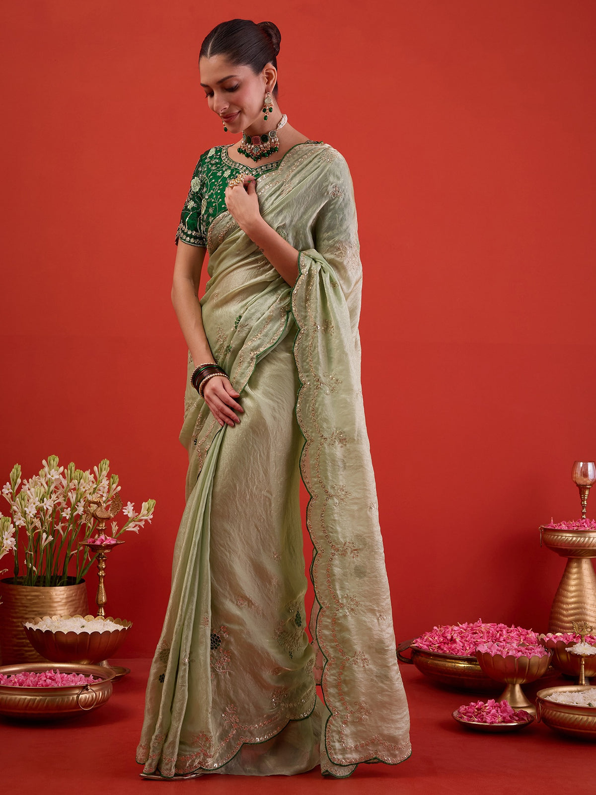 Light Green Satin Silk saree – detail view 1