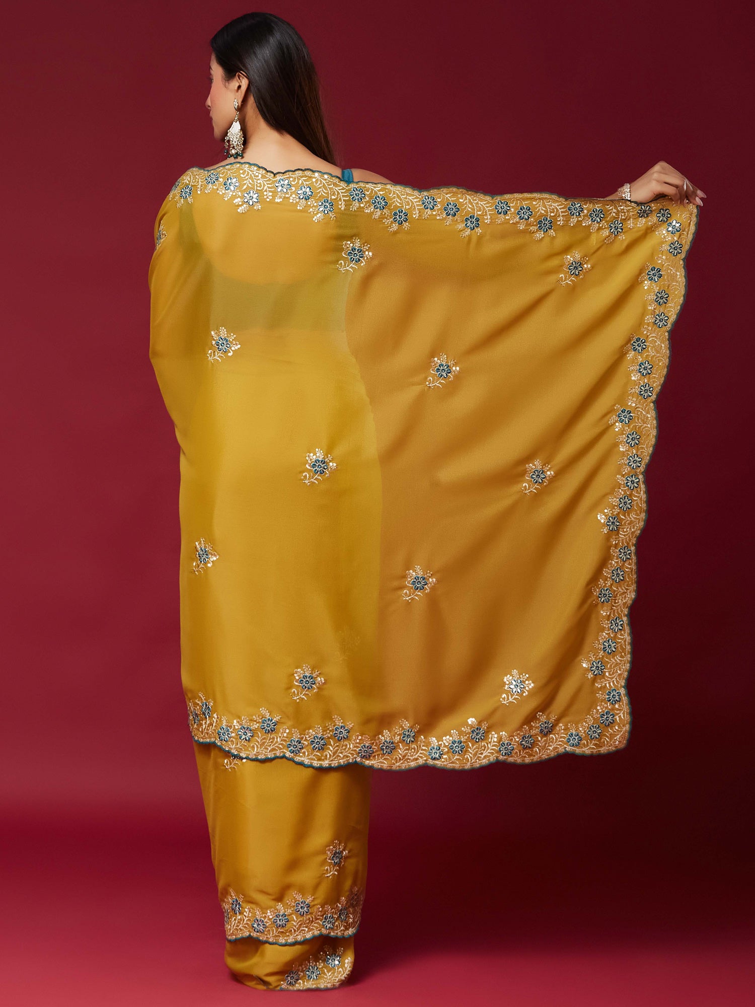 Mustard Georgette saree – detail view 1