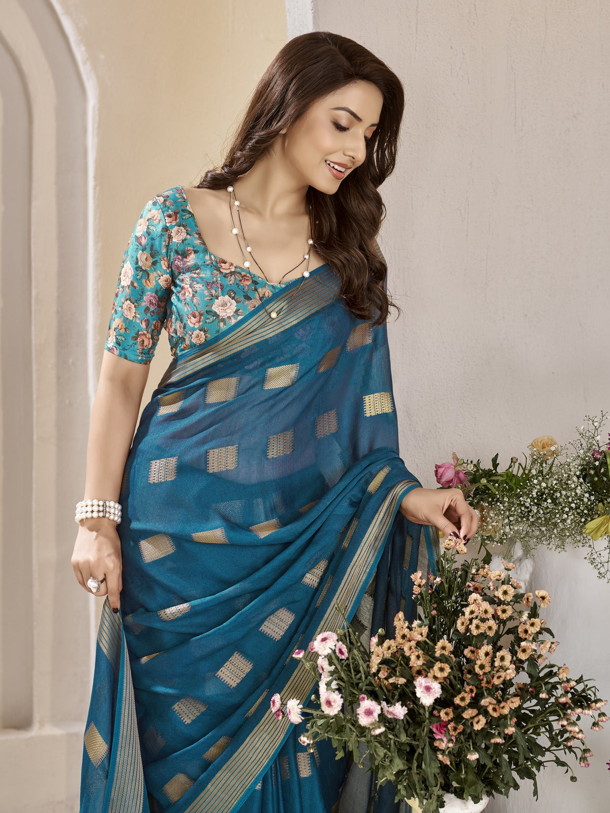 Teal Blue georgette saree view 1
