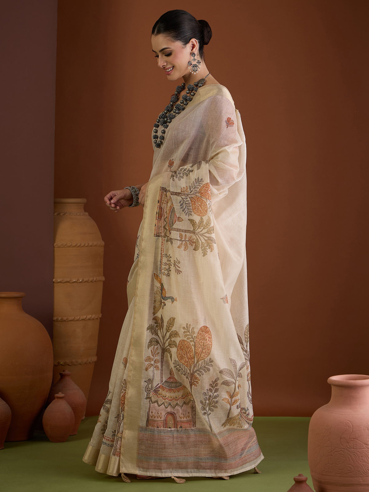 Beige linen blend saree view 3