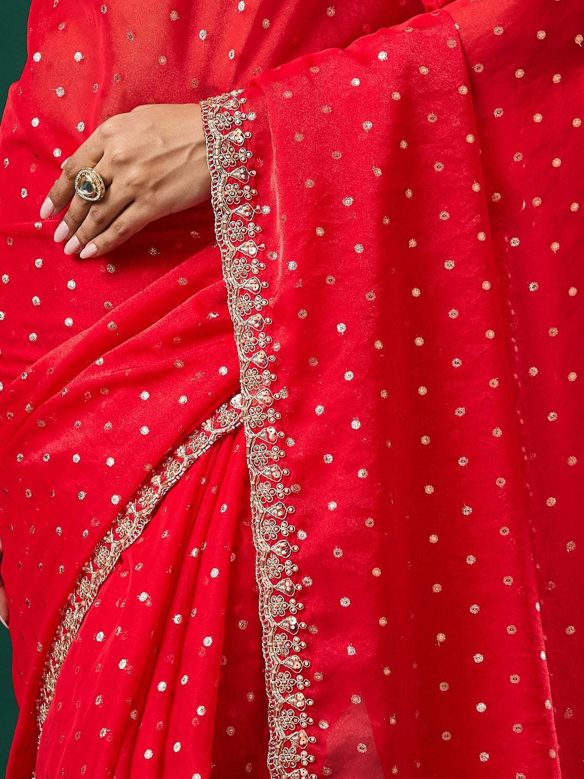 Red Georgette saree – detail view 2