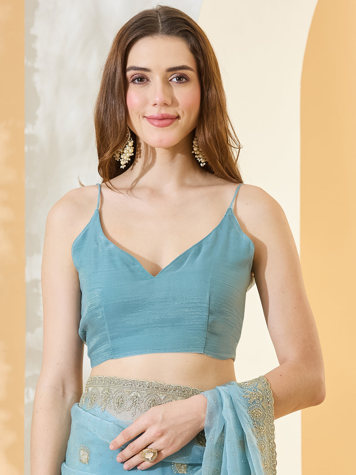 Unstitched light blue tissue blouse piece with solid design