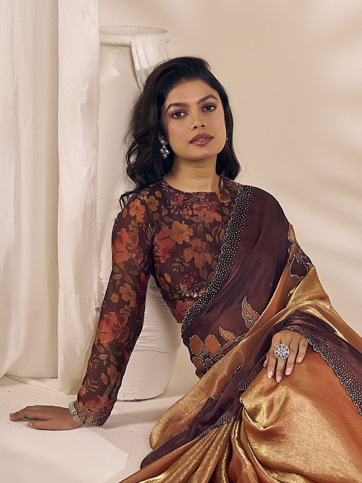 Bronze satin silk saree view 3