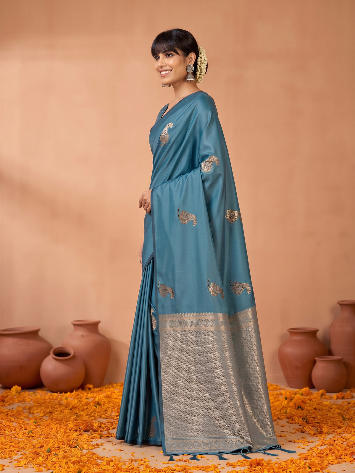 Teal Blue Satin Silk saree – detail view 2