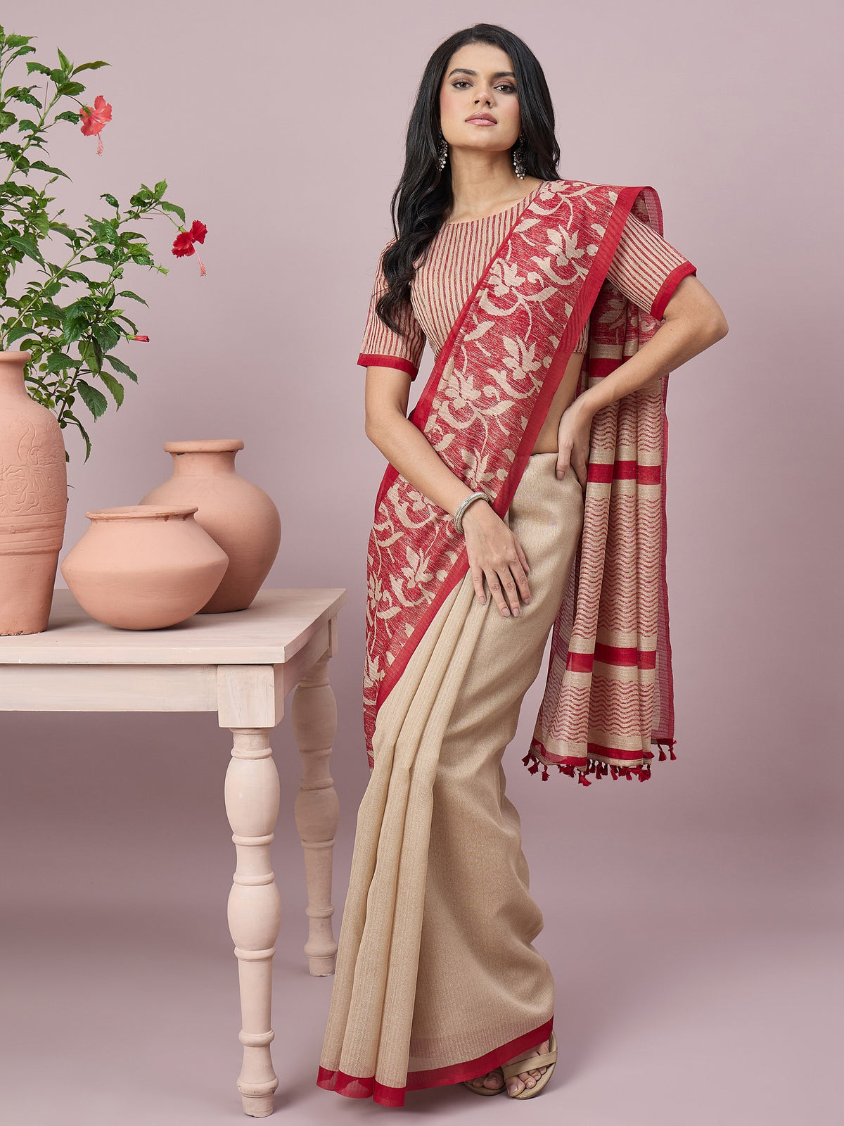 Beige cotton slub saree view 5