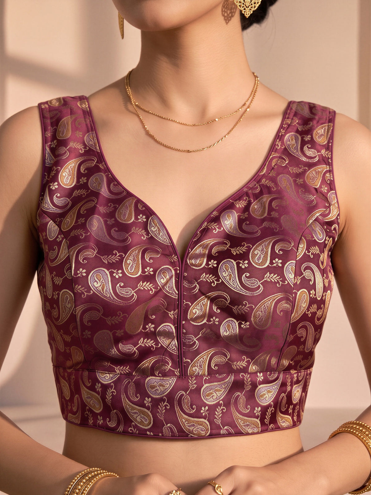 Coffee Brown woven brocade silk blend sleeveless readymade saree blouse with v neck view 4
