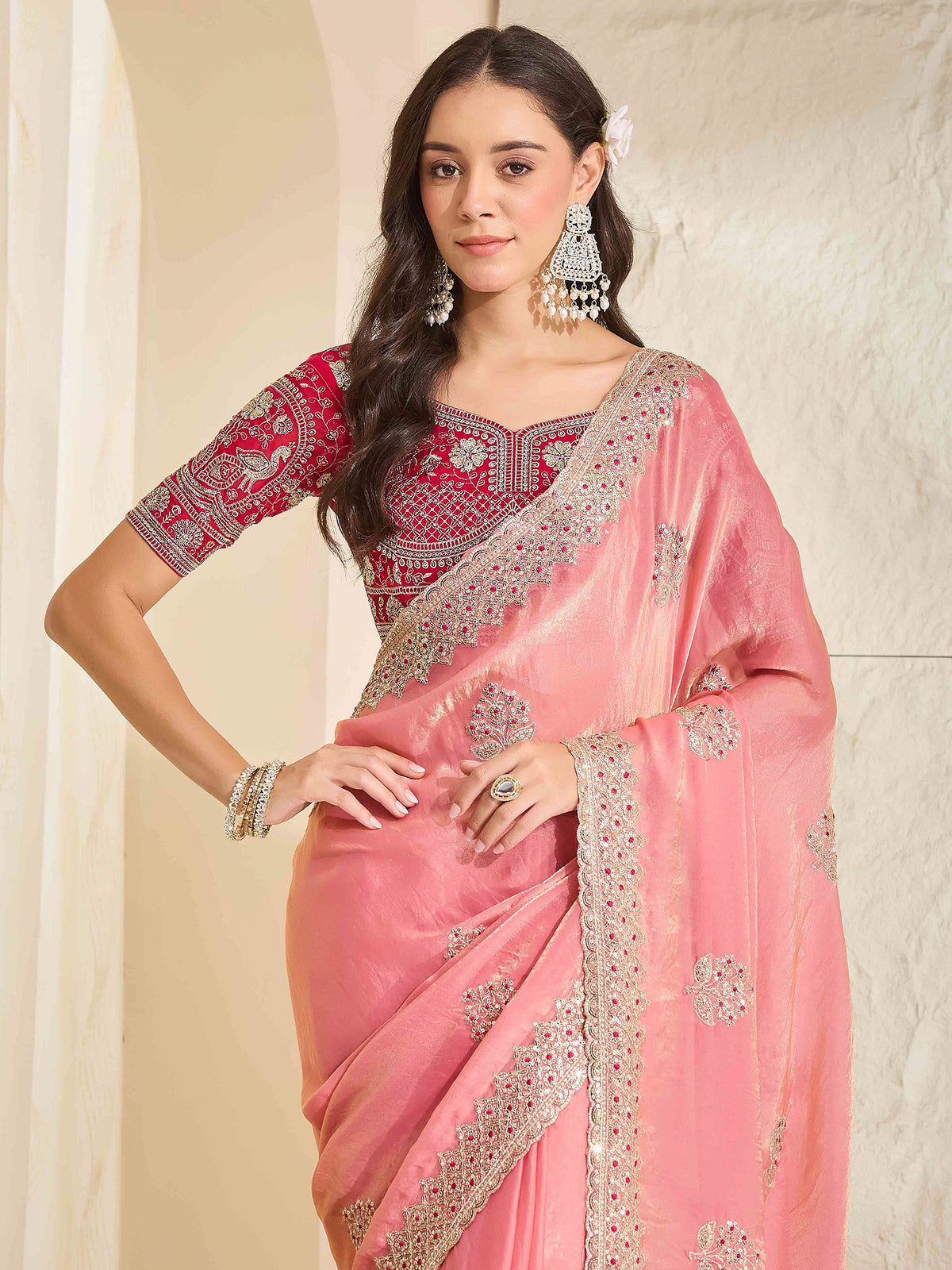 Peach Satin saree – detail view 4