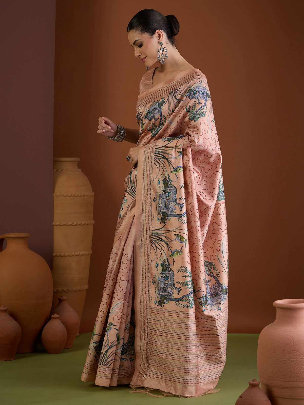 Peach art silk saree view 3