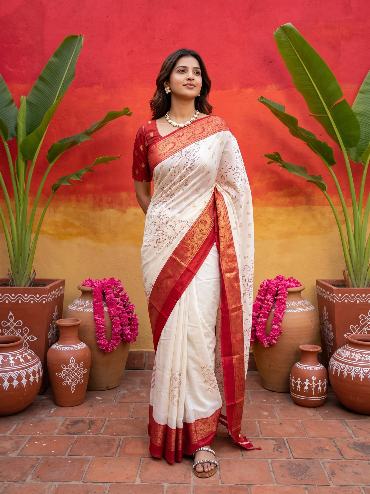 Woman wearing offwhite silk blend saree with geometric pattern design and red blouse