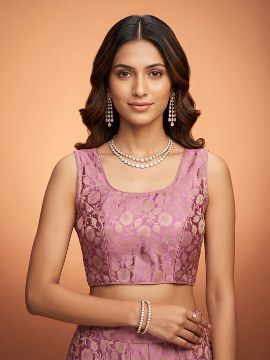 Mauve woven brocade silk blend sleeveless readymade saree blouse with round neck
