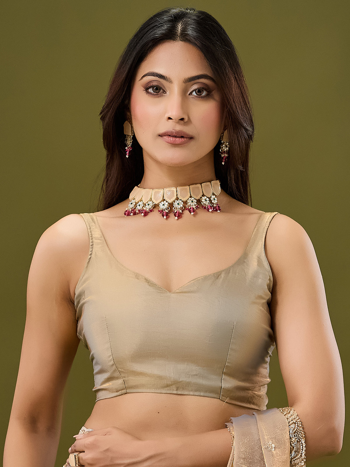 Unstitched metallic satin blouse piece with solid design