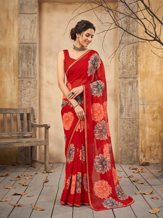 Woman wearing red georgette saree with all-over floral design and red blouse