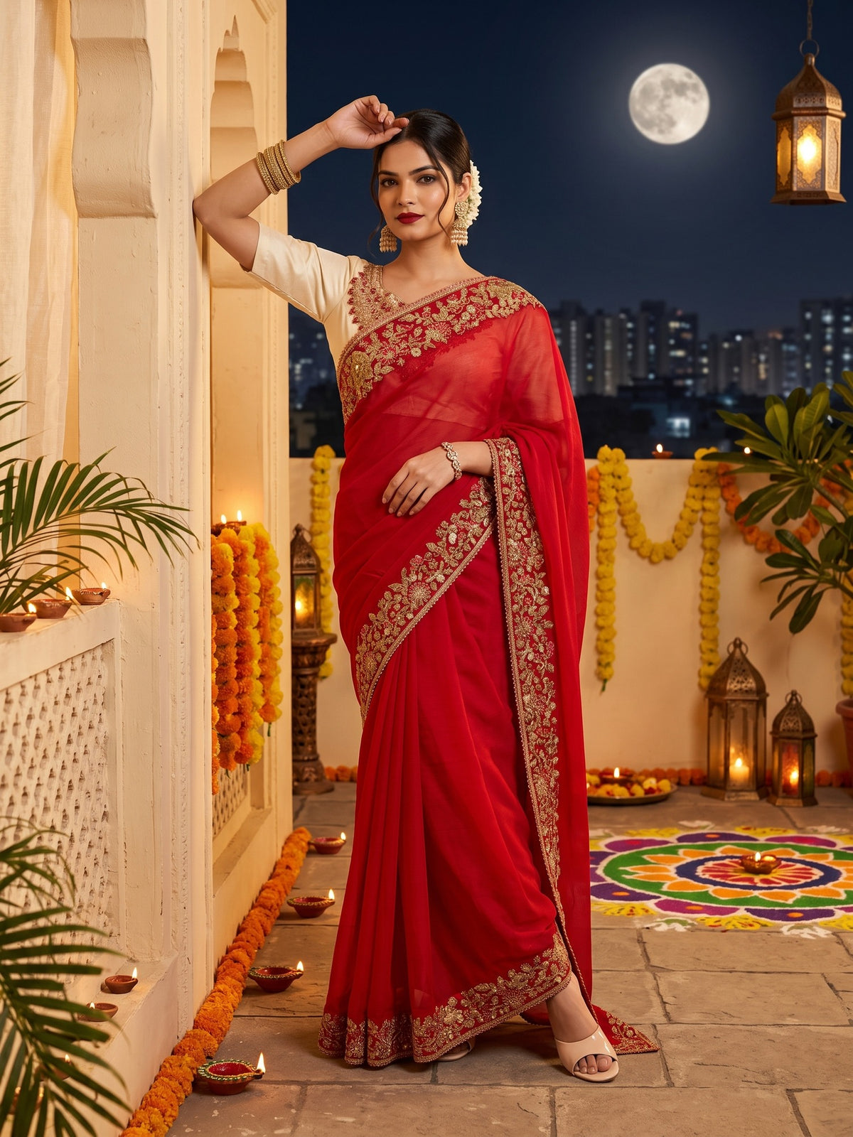 Red Satin Silk saree – detail view 1