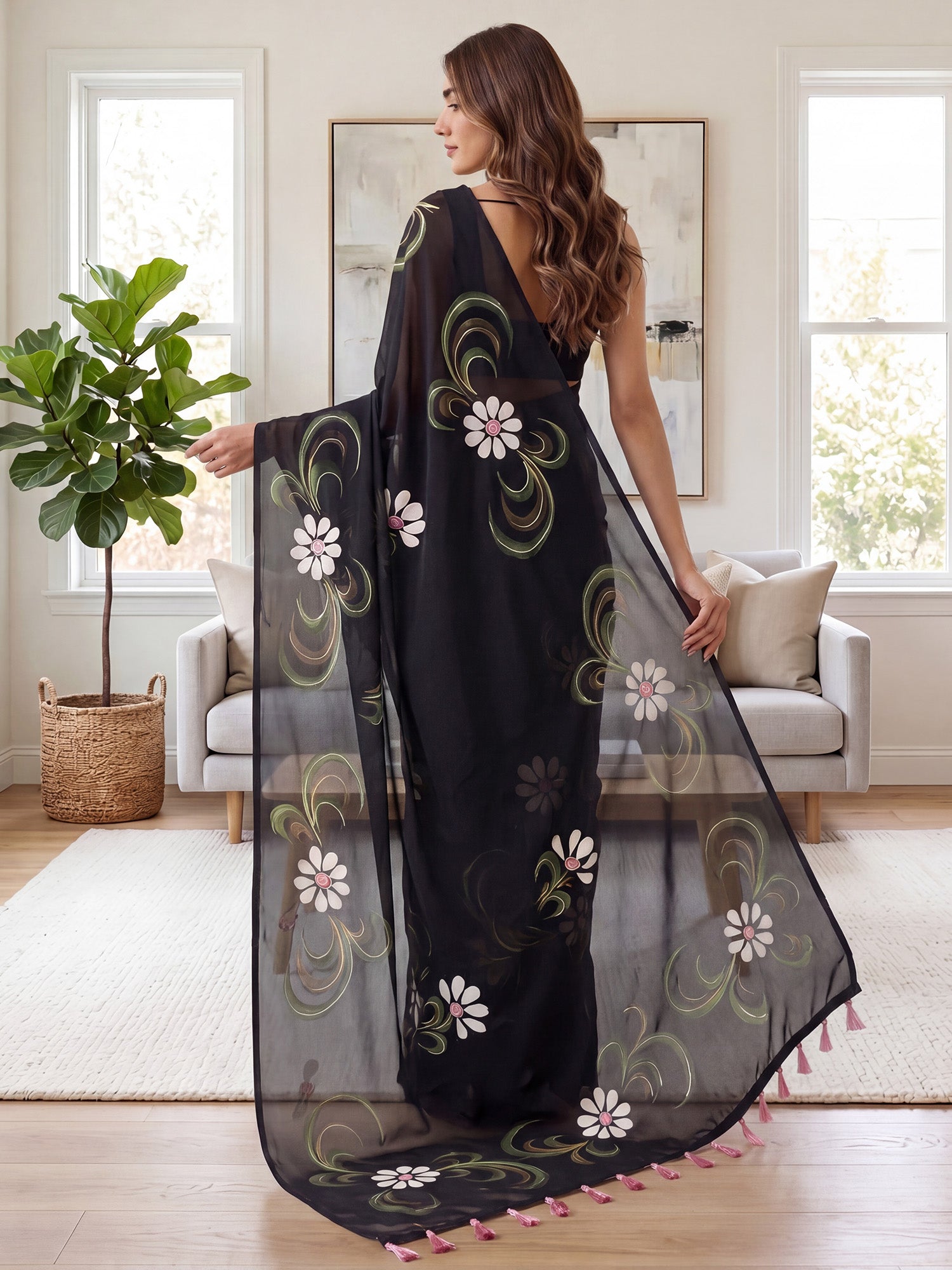 Black Georgette saree – detail view 1