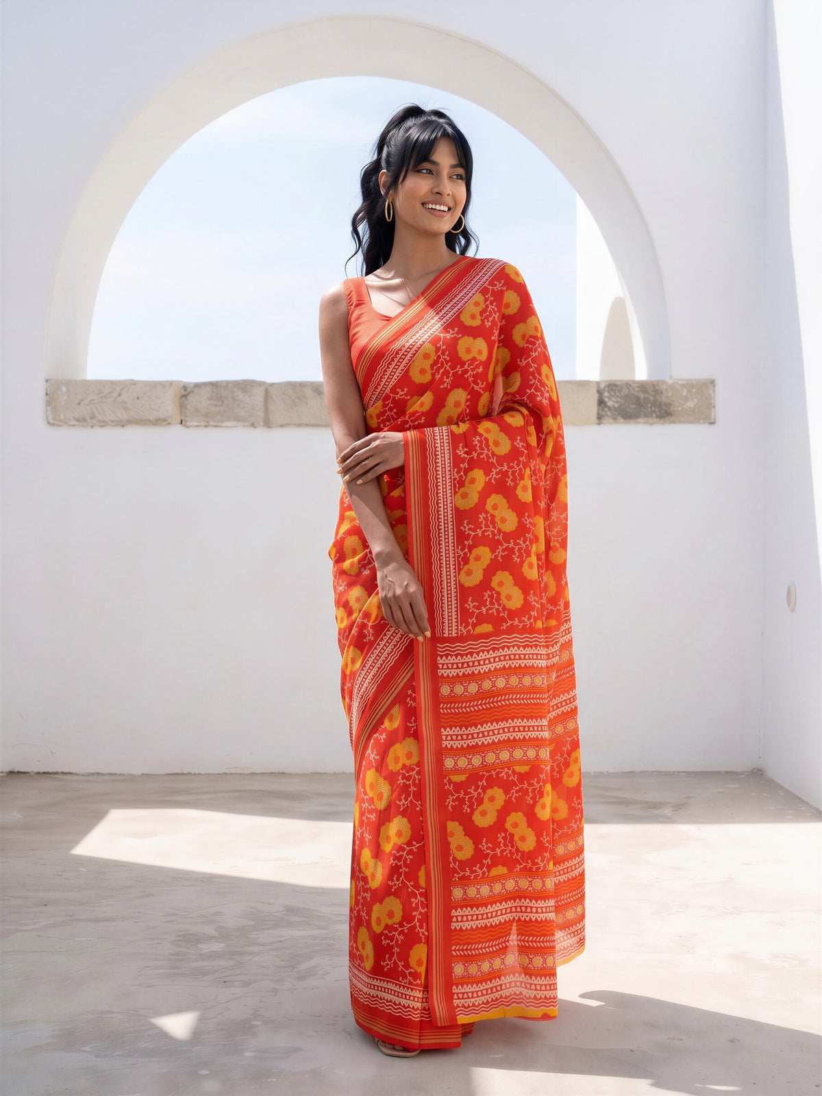 Orange Crepe saree – detail view 3