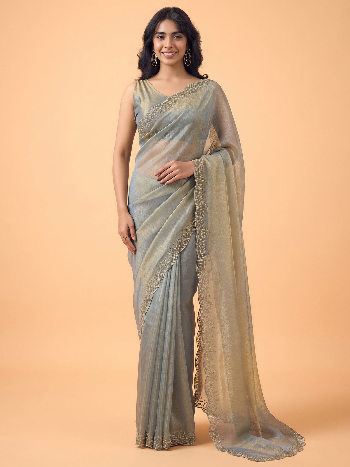 Woman wearing metallic satin silk saree with ornamented surface design and metallic blouse