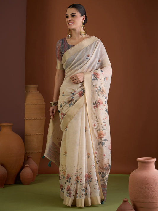 Beige floral linen blend saree with multicolored blouse piece