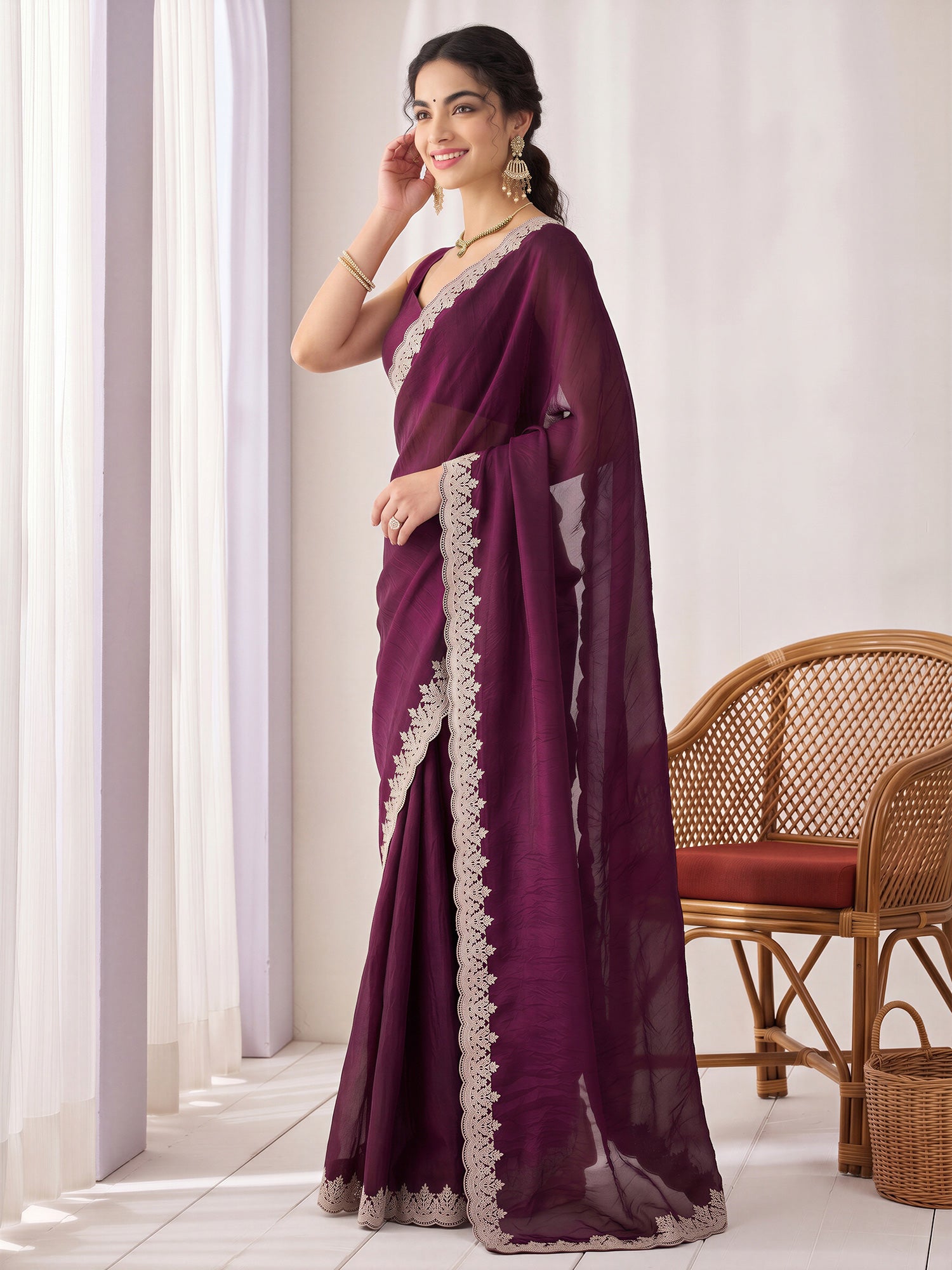 Wine Satin saree – detail view 2