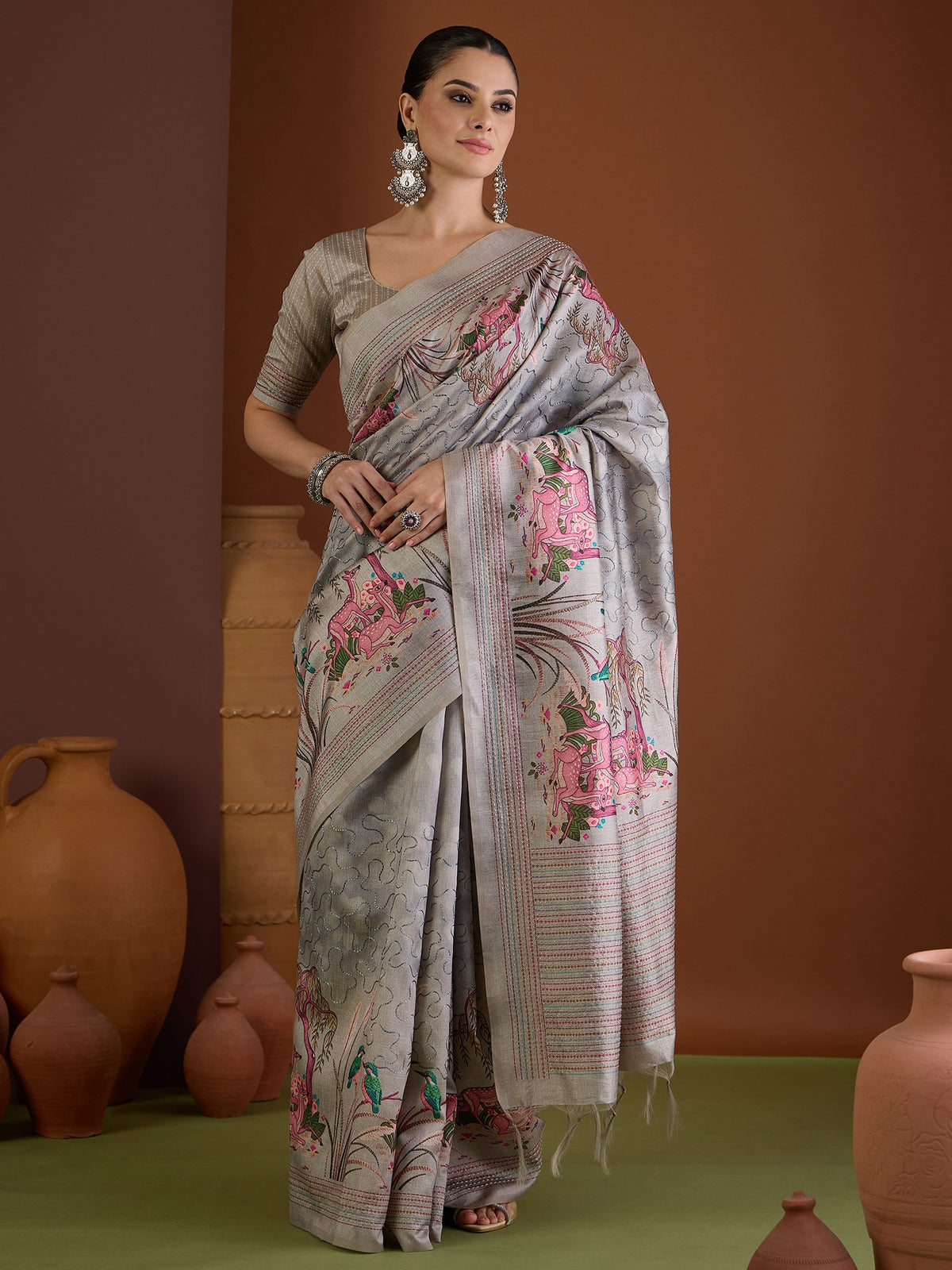 Charcoal Grey ethnic motif art silk saree with charcoal grey blouse piece