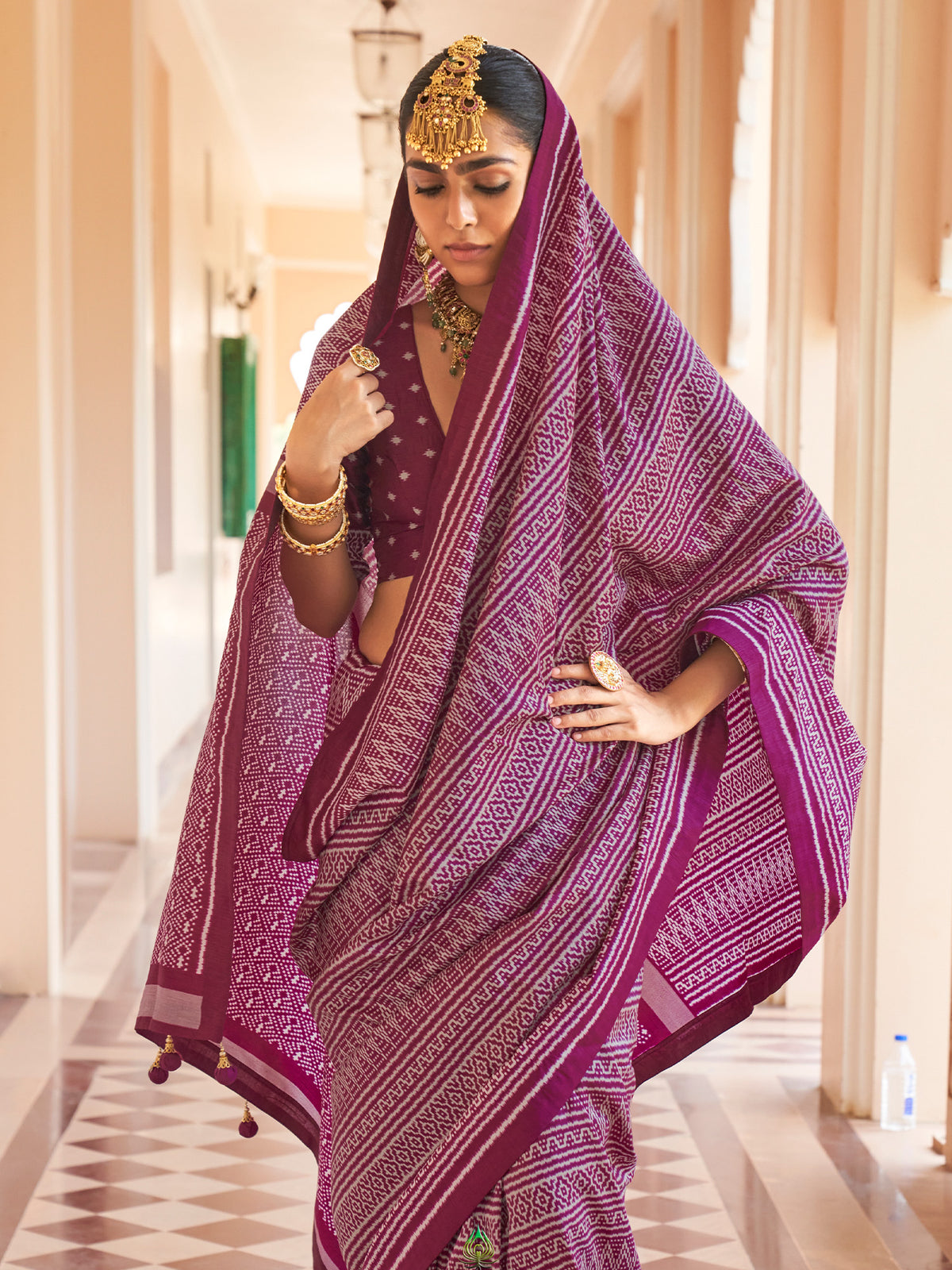 Wine silk blend saree view 1