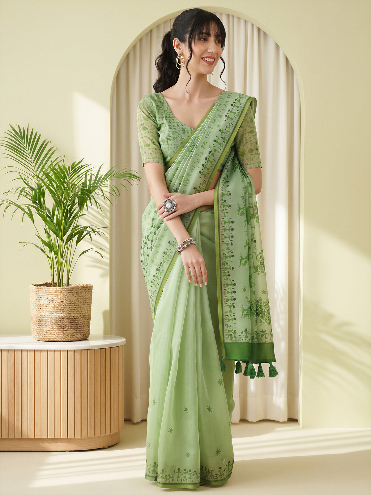 Light Green Cotton Linen saree – detail view 3