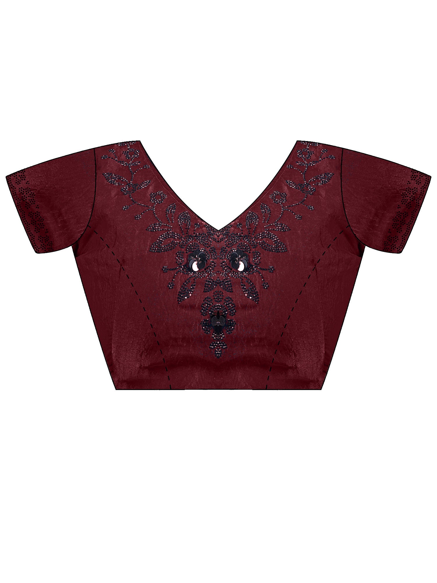 Unstitched maroon satin silk blouse piece with embellished design