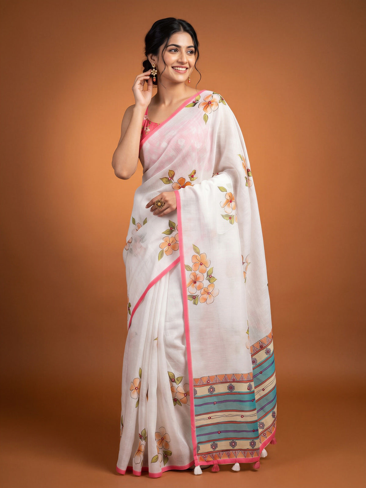 Woman wearing off white linen blend saree with all-over floral design and pink blouse