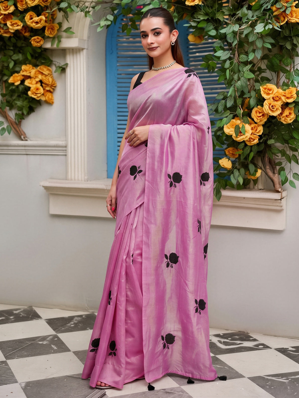 Pink floral satin saree with black blouse piece