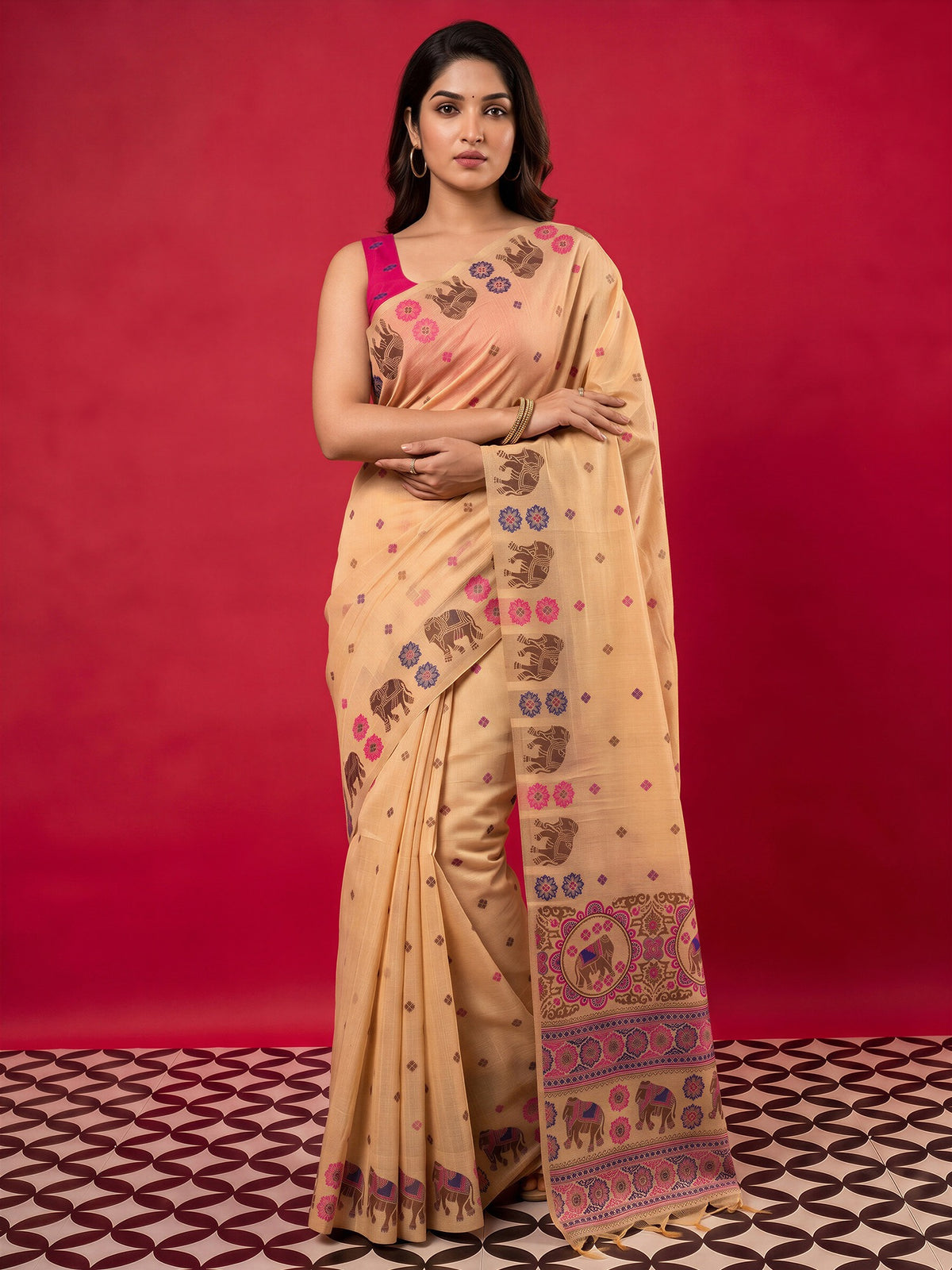 Peach silk blend saree view 3