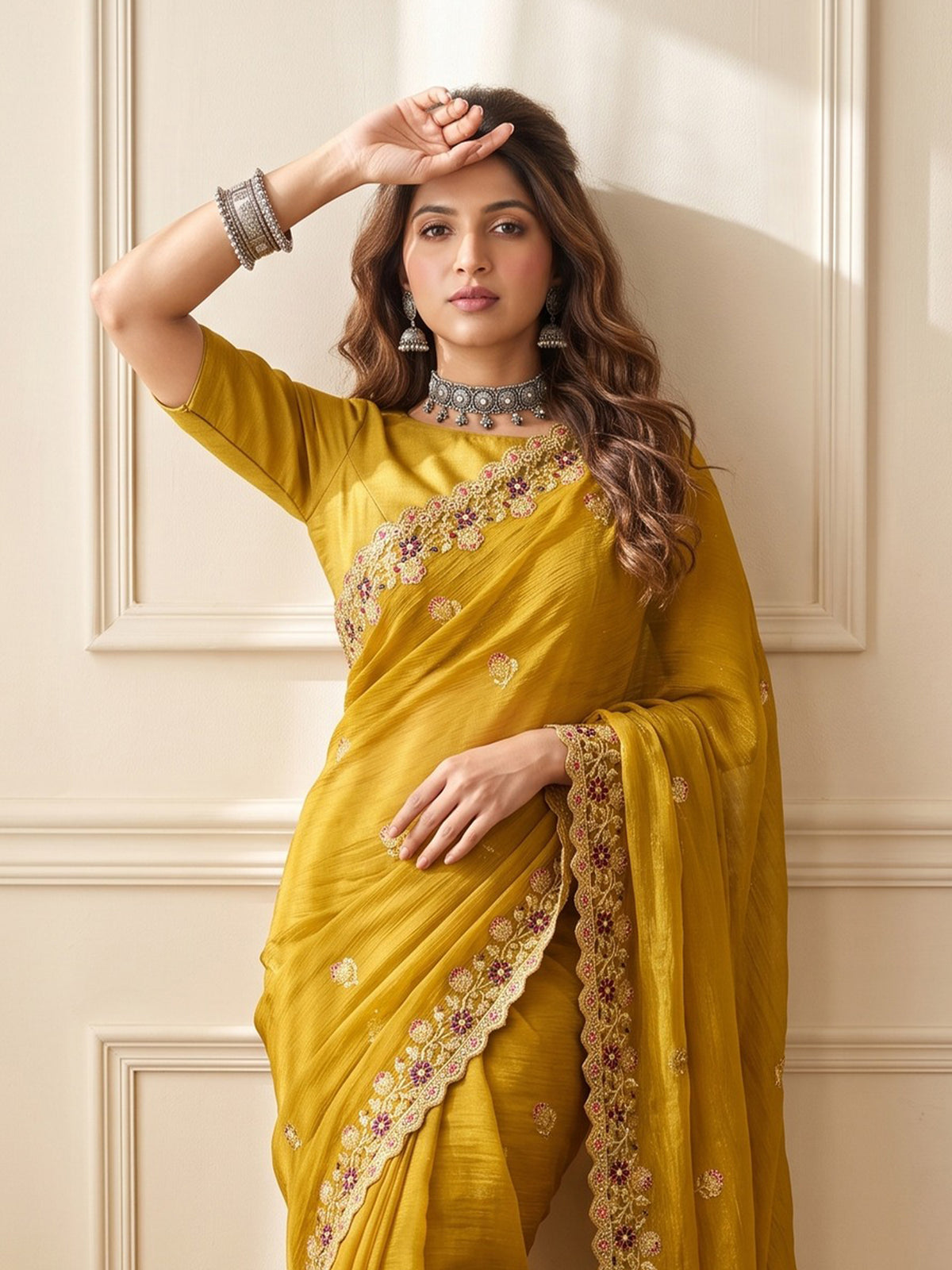 Mustard Tissue saree – detail view 4