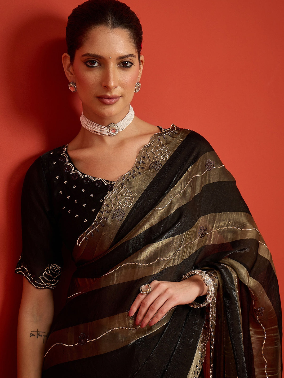 Black Satin Silk saree – detail view 3