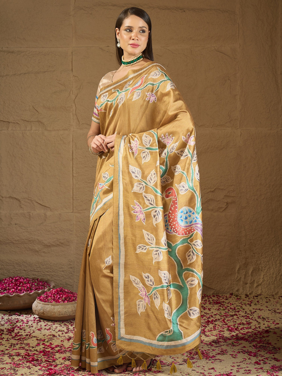 Mustard art silk saree view 3