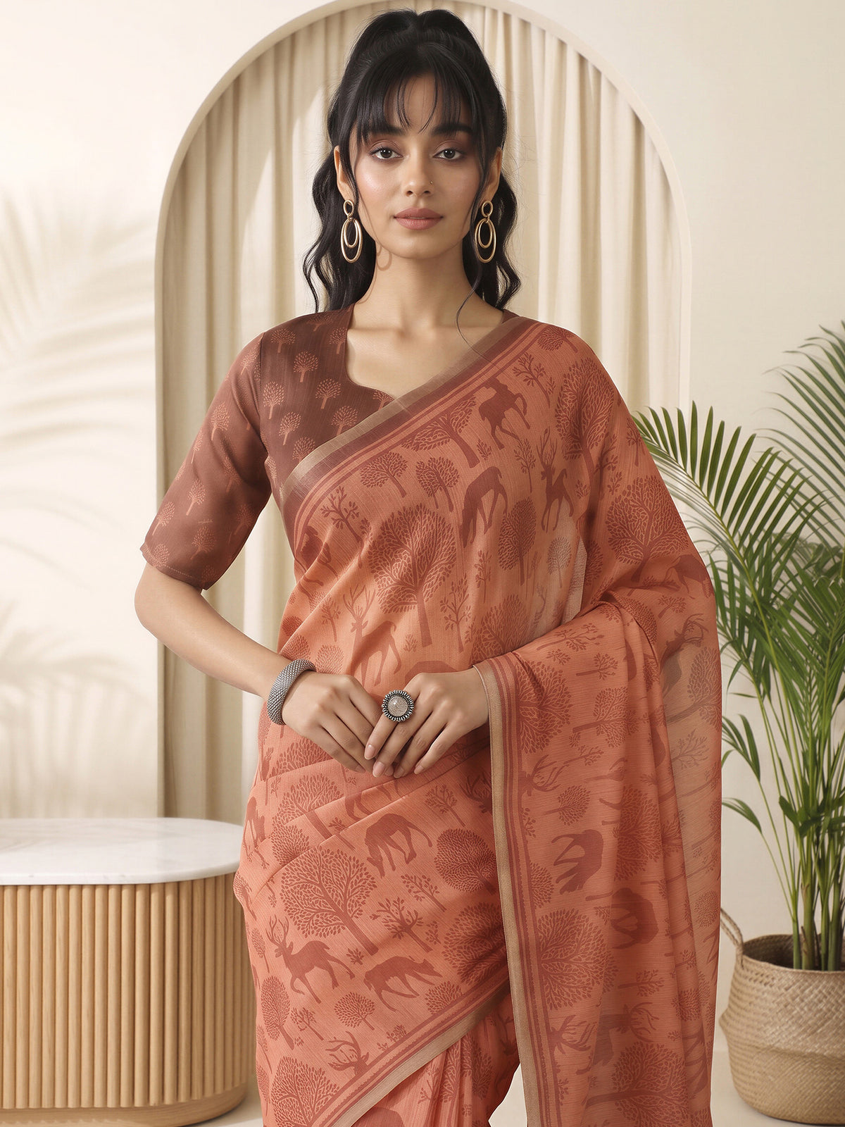 Rust Cotton Linen saree – detail view 4