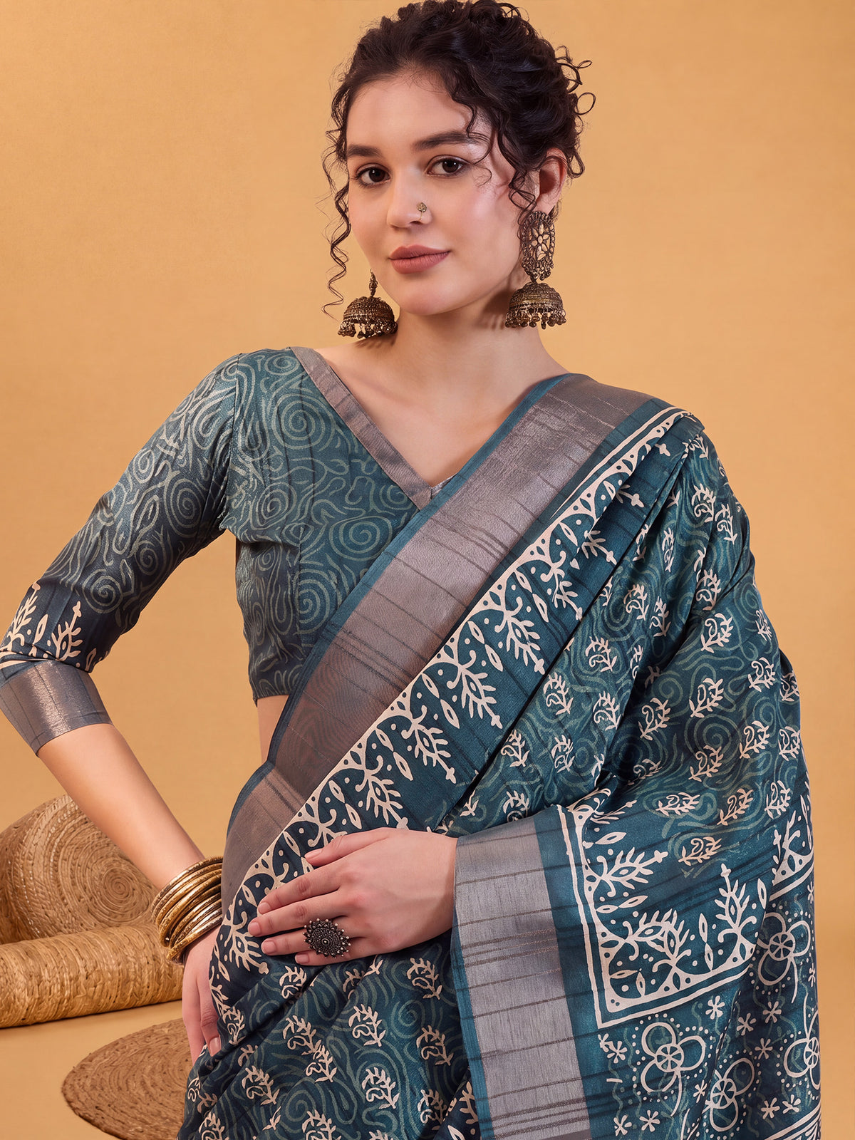 Teal Blue Silk Blend saree – detail view 3