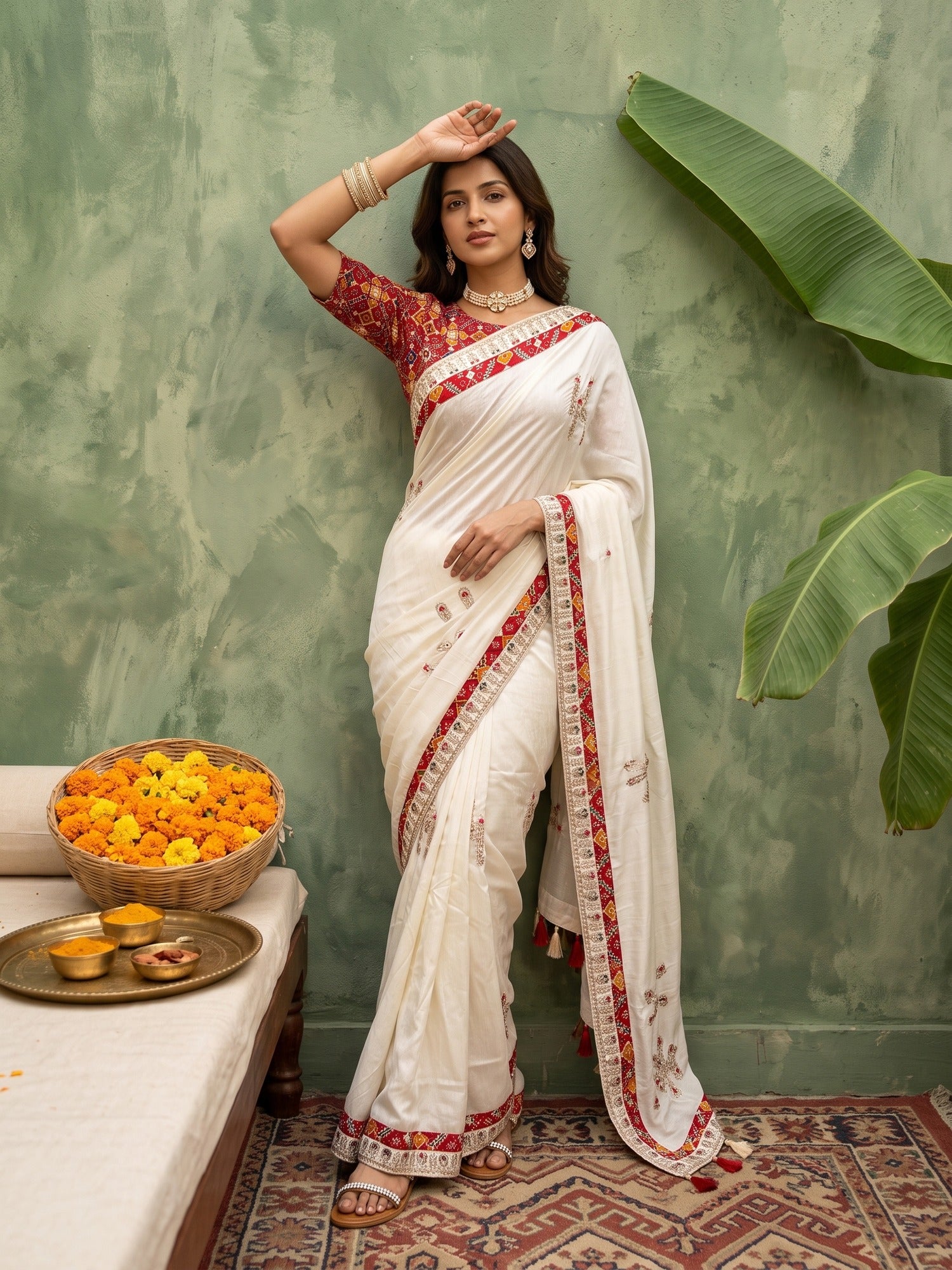 White Dola Silk saree – detail view 1