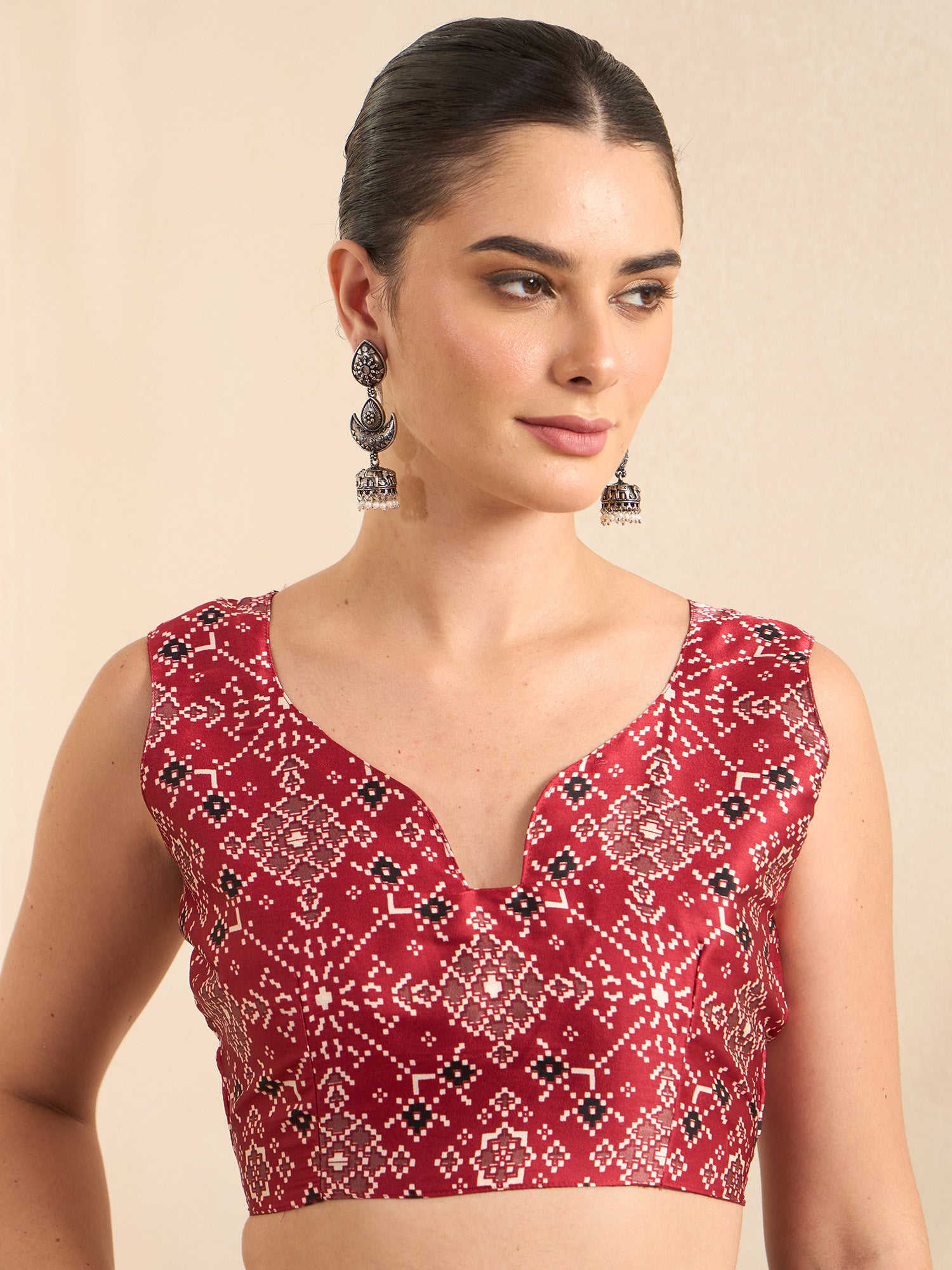 Unstitched red crepe blouse piece with ajrak design