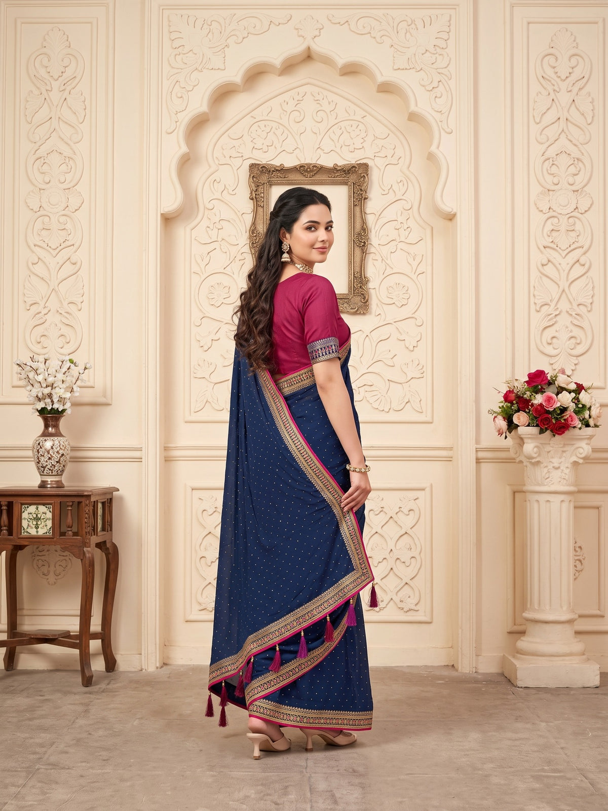 Teal Blue Vichitra Silk saree – detail view 2