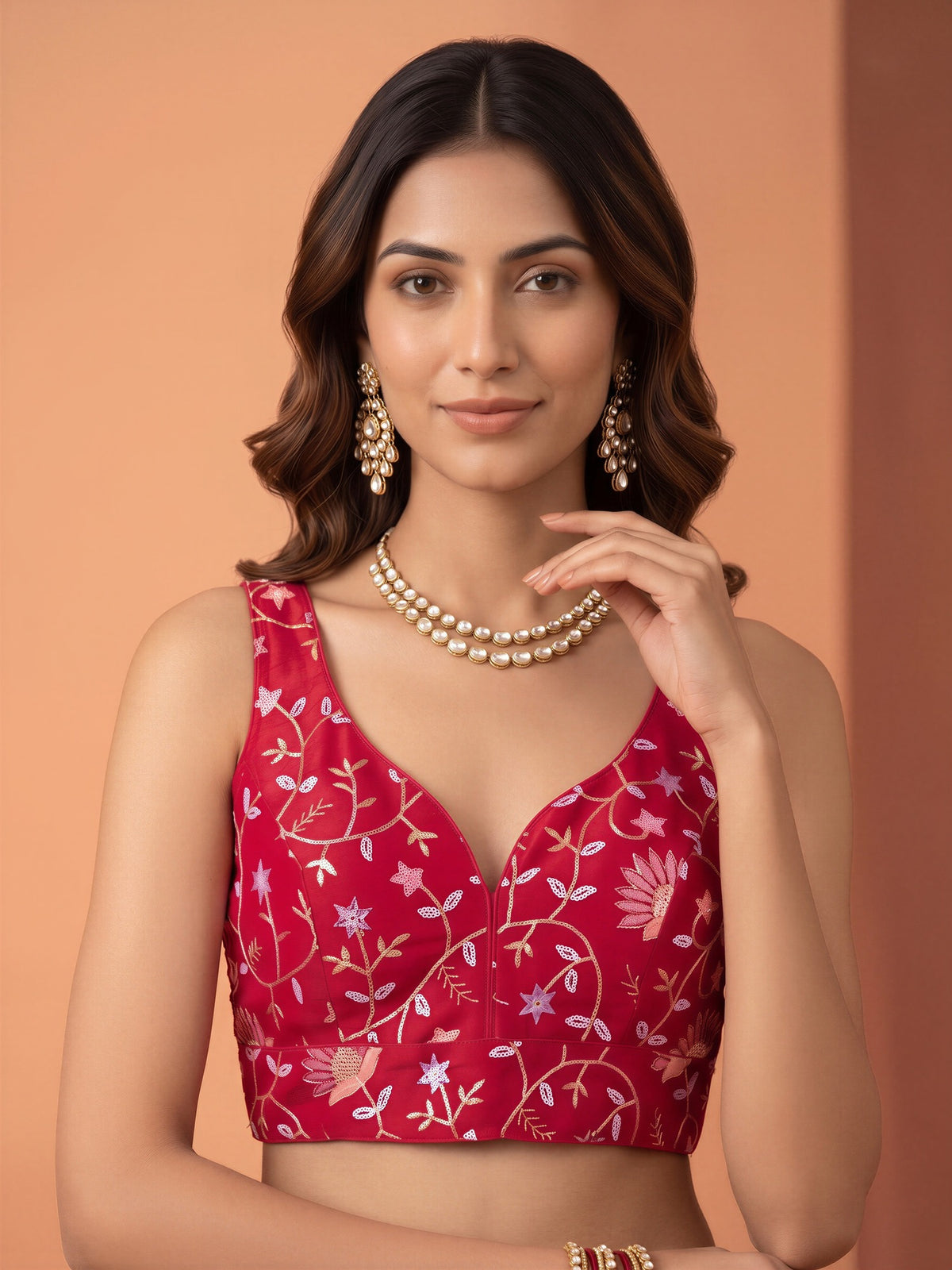 Pink sequin embellished satin sleeveless readymade saree blouse with deep v neck view 3